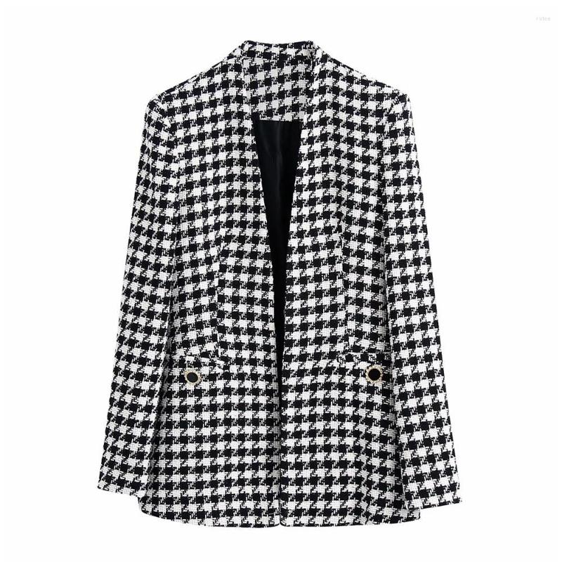 

Women's Suits Huaxiafan Women Fashion Tweed Houndstooth Blazer Coat Vintage Long Sleeve Welt Pockets Female Outerwear Chic Veste, Picture shown
