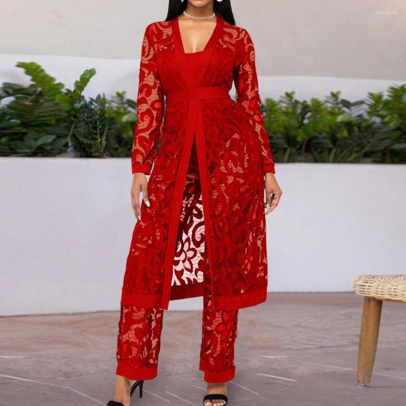 

Women' Two Piece Pants 3 Pcs/Set Women Outfit Set Deep V Neck Coat Suit Sexy Long Sleeves Wide Leg Jacket Lace Hollow Out Top Robe, Black