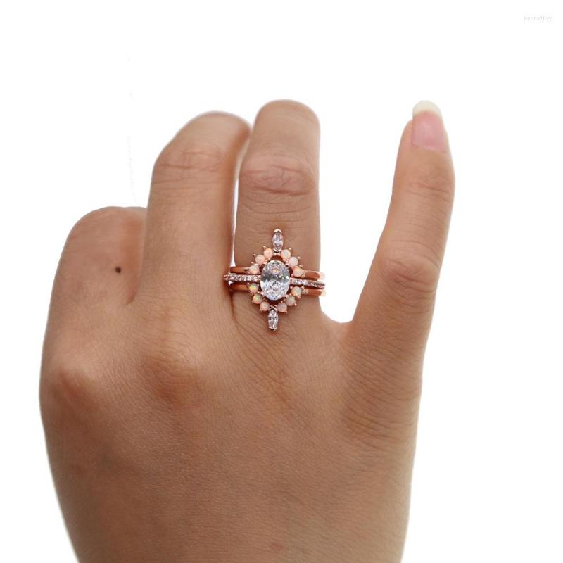 

Wedding Rings Rose Gold Color Fashion Stacking Jewelry Ring Set Of 3 Pcs Prong Setting White Bling CZ Opal Women Engagement Band