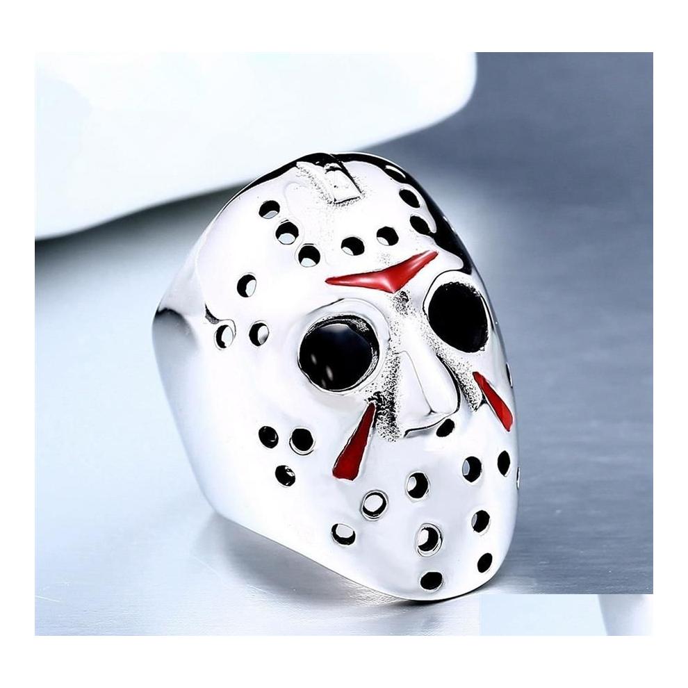 

Band Rings Men Ring 316L Titanium Steel Biker Jason Voorhees Hockey Mask With Red Colour Antique Jewelry Size 714298P Drop Delivery Dhwy7
