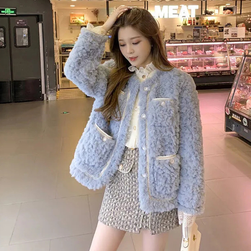 

QNPQYX Korean Style Lamb Wool Jackets Women 2023 New All-Match Loose Furry Coat Ladies Fashion Streetwear Pockets Plush Coats, Blue