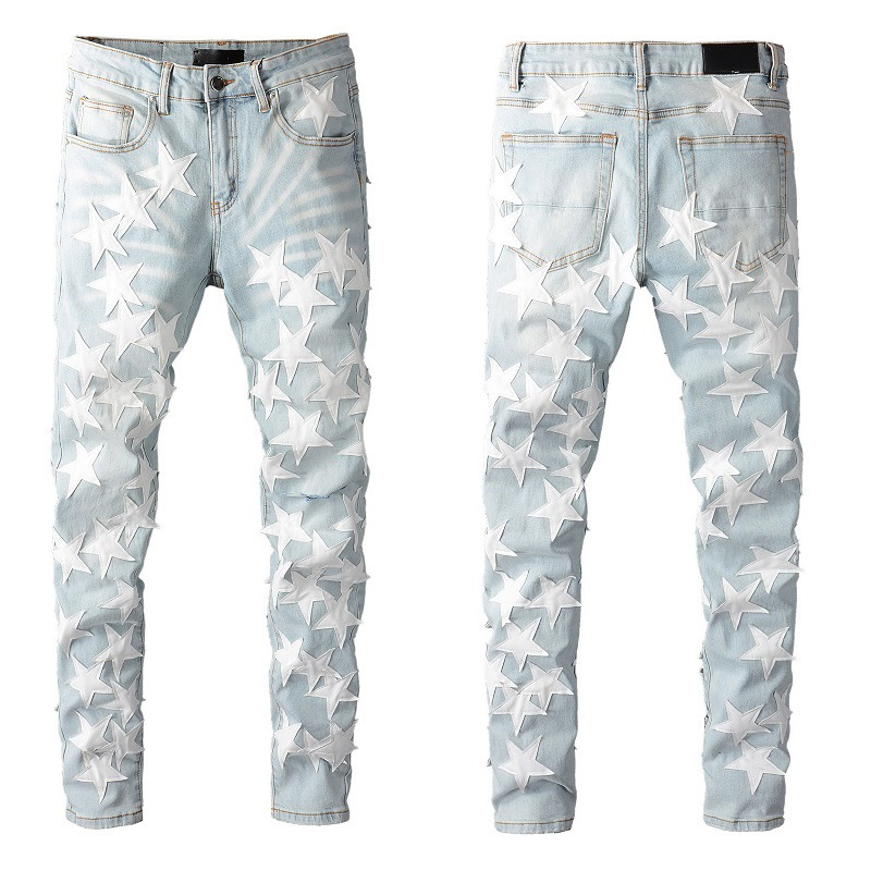 

Men's Jeans 2021 Male Blue Trousers Holes Make Old High Street With Embroidered Bone Pacth Stretch Slim Denim Pants