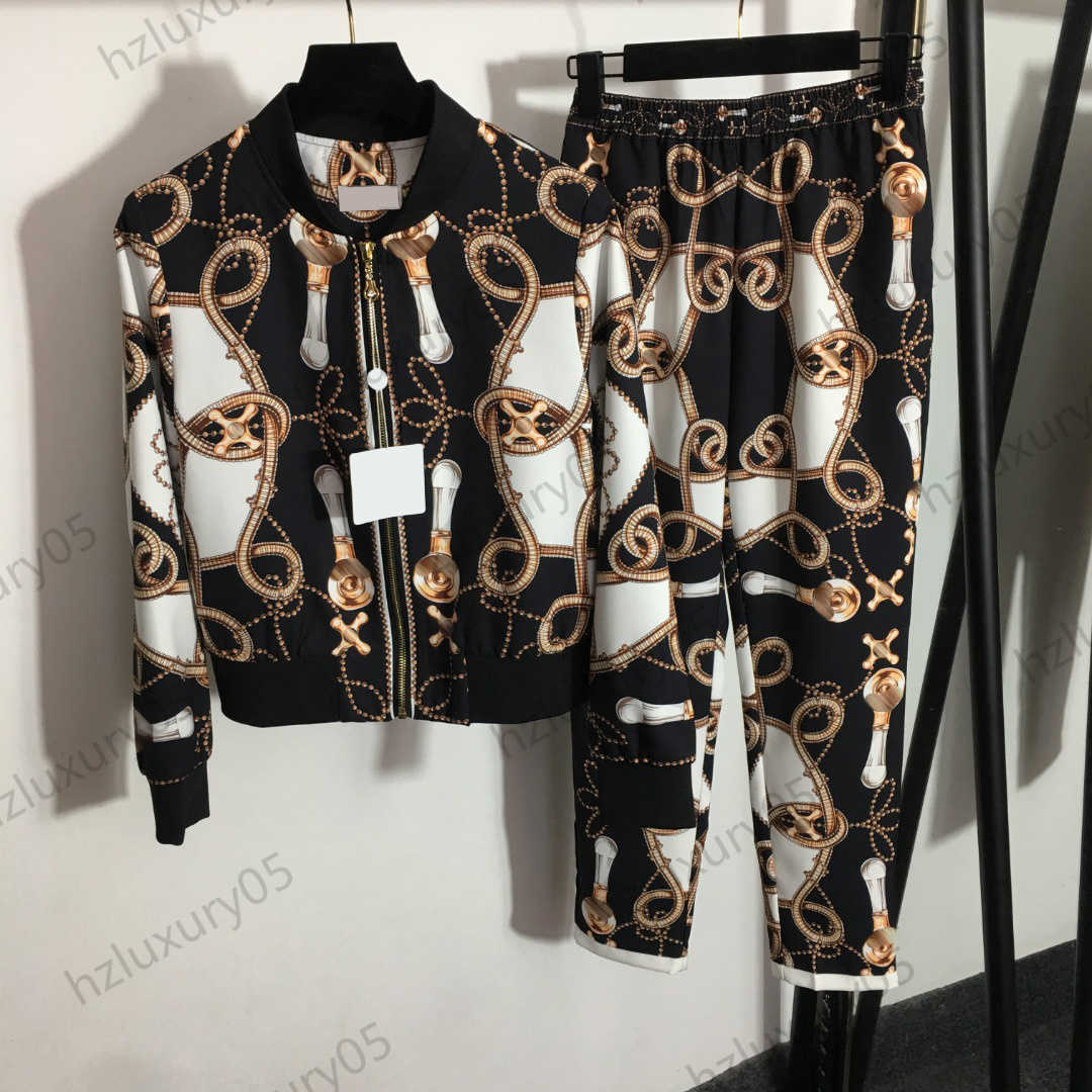

Tracksuit Two Piece Set Womens Two Pieces Pants Vintage Contrasting Colour Floral Printing Collar Long Sleeve Zipper Jacket Elastic Waist Trousers Women Wear