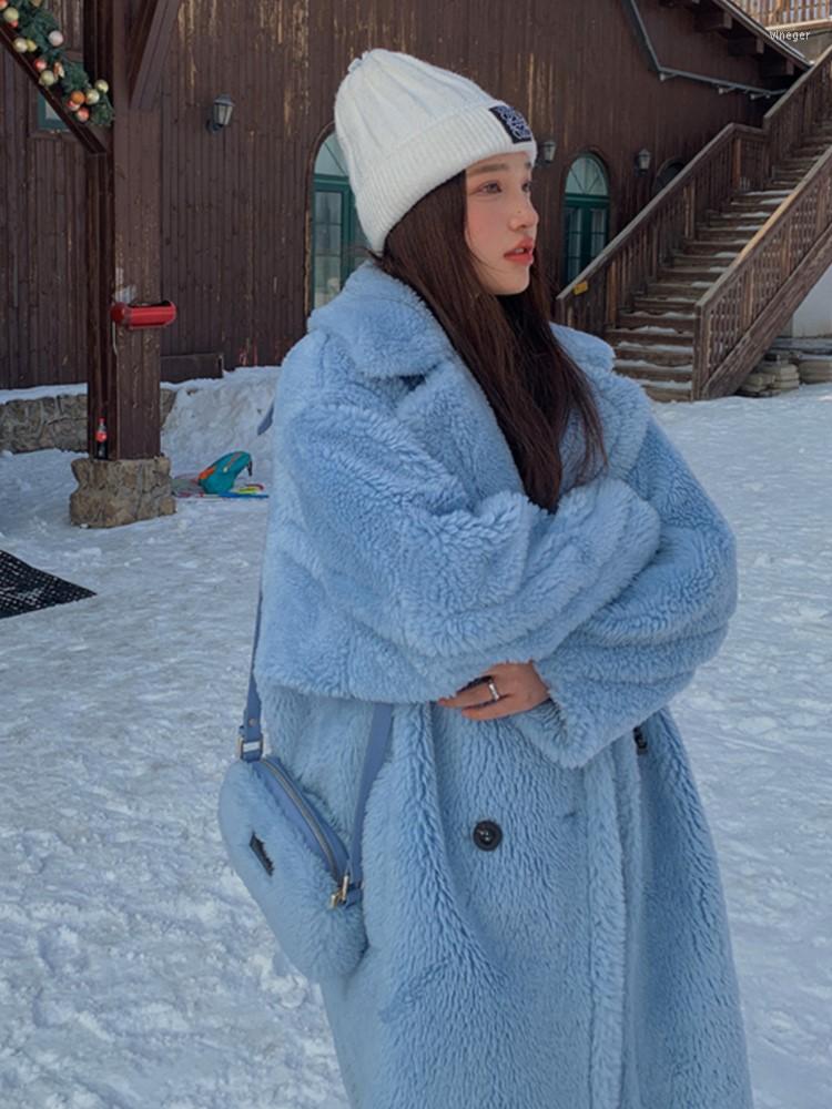 

Women's Fur Winter Coat For Women Longer Faux Warm Sheepskin Long Sleeve Female Thick Teddy Bear Casual Loose Oversize Outwear, Short blue