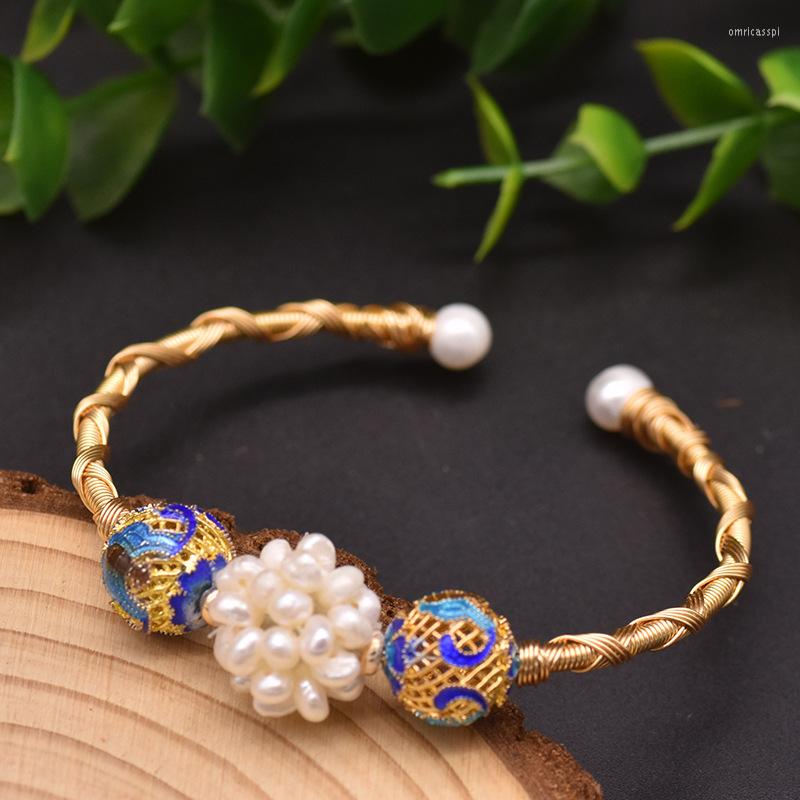 

Bangle Luxury Women Natural Freshwater Pearl Cloisonne Globular Bracelet Handmade Bracelets Cuff Jewelry Wedding Party Gifts