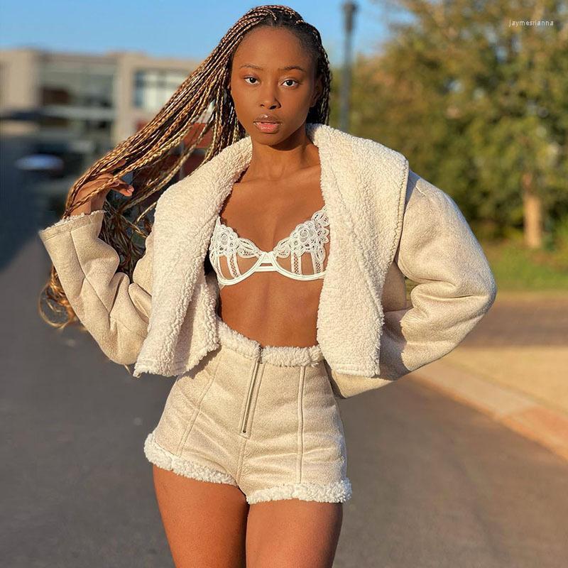 

Women' Tracksuits Zabrina Autumn Wool Lapel Long Sleeve Jackets And Shorts 2 Pieces Zipper Women' Clothing Winter Fashion Warm Short, Apricot suit