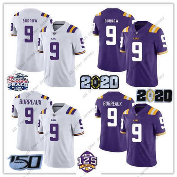 

Football Jerseys 2020 LSU Tigers Jersey 9 Joe Burrow Burreaux NCAA 2019 Champions Burreaux College Football Jersey White Purple 2020 Patch
