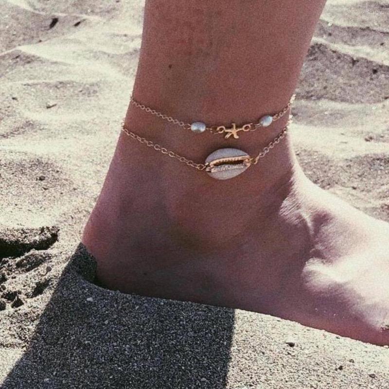 

Anklets 2 Pcs/set Bohemian Women Anklet Chain Shell Starfish Irregular Pearl Gold Female Beach Jewelry Accessories