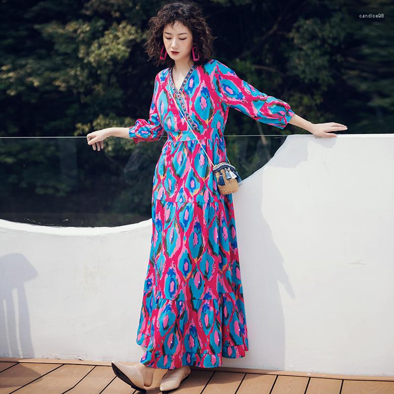 

Casual Dresses 4 Colors Maxi Printed Chiffon Women Dress Summer Elegant Party Vacation Long Tropical Boho Beach Runway 2022, Color 1