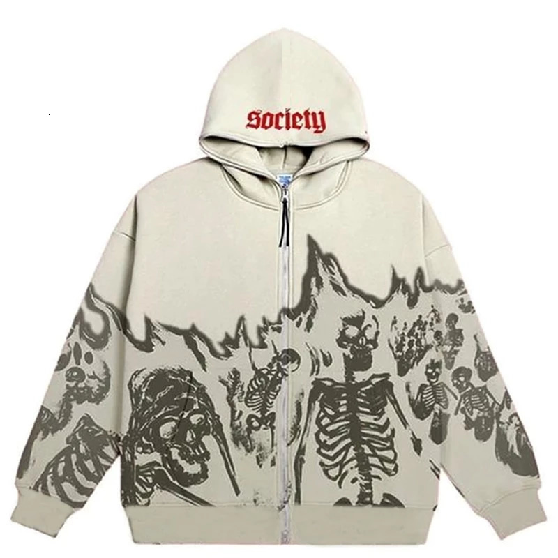 

Women' Hoodies Sweatshirts Women Skeleton Print Autumn Punk Hip Hop Zip Up Oversized Hooded Jacket Streetwear Female Gothic Long Sleeve 221206, Grey