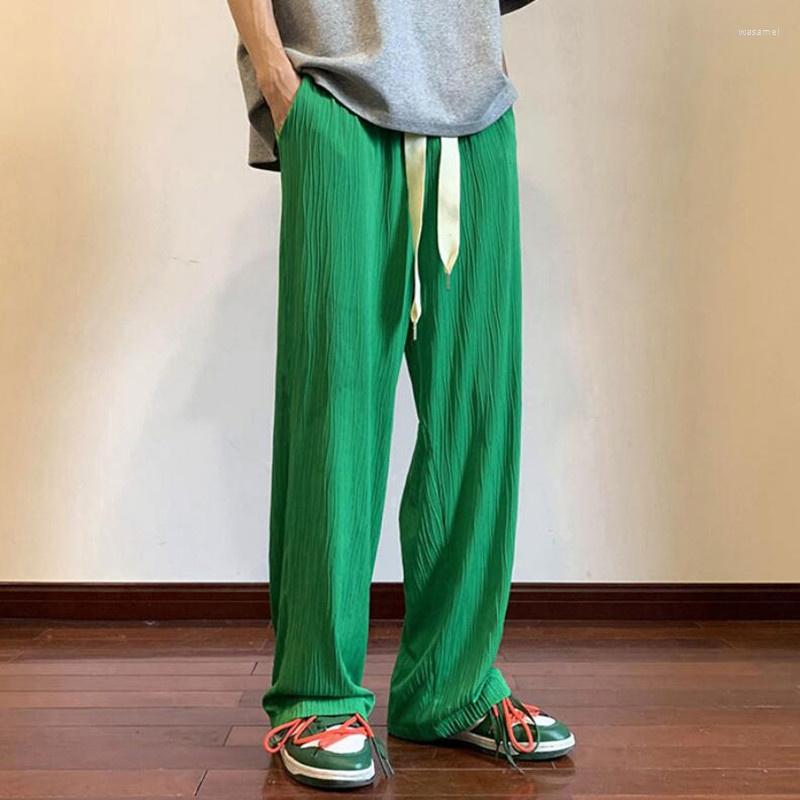 

Men's Pants 2022 Summer Pleated Men Fashion Casual Wide-leg Streetwear Korean Loose Straight Ice Silk Mens Trousers, Green