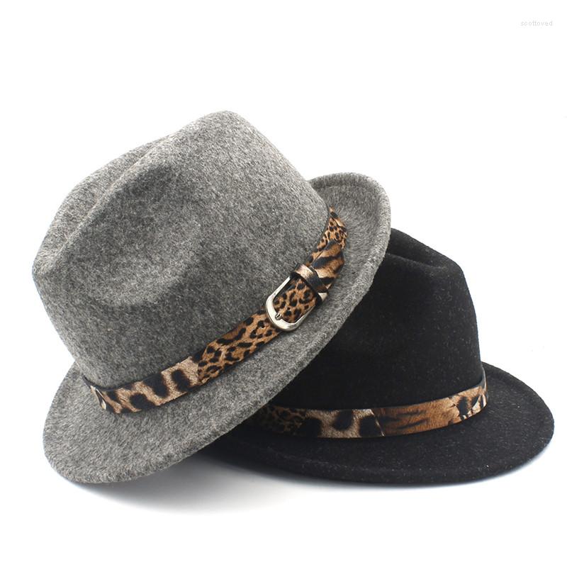 

Berets Classico Women's Men's Wool Felt Homburg Jazz Hat For Elegant Lady Cashmere Trilby Fedora With Leopard Belt, Black