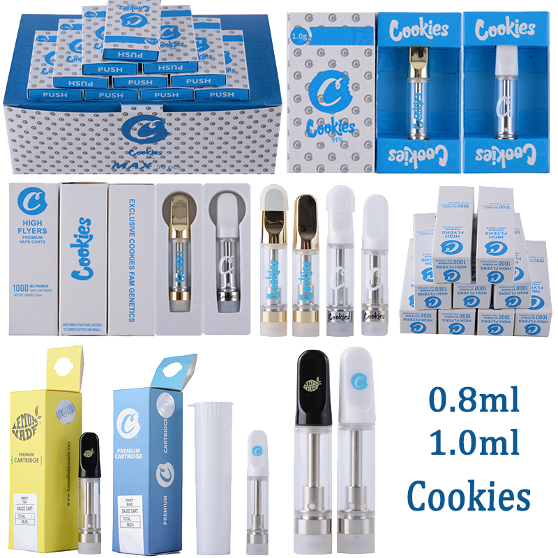 

Cookies Vape Cartridges Atomizers High Flyers Push Packaging 0.8ml 1ml Empty Carts Thick Oil Dab Pen Wax Vaporizer Ceramic Coil Cart E Cigarettes 510 Thread Cartridge