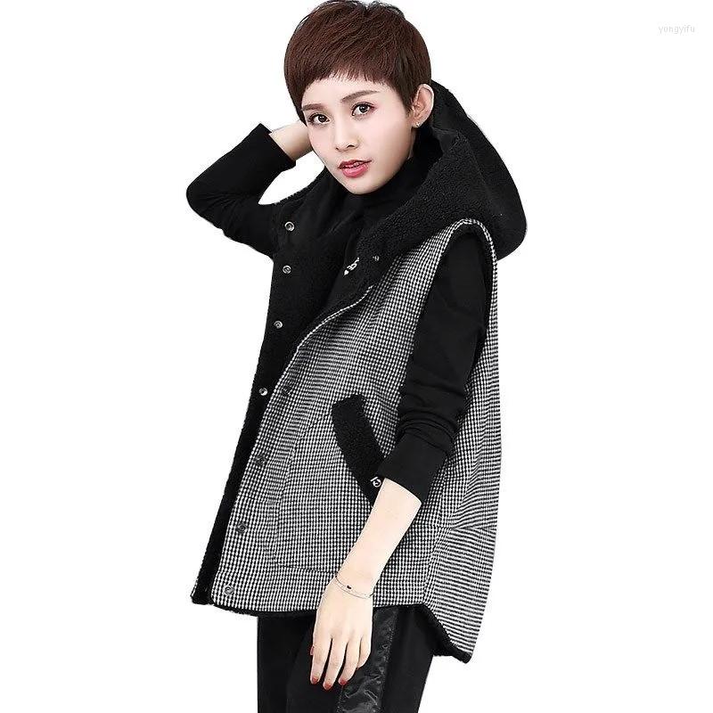 

Women' Vests Two-Sided Put On Women' Vest 2022 Autumn Winter Lamb Velvet Sleeveless Jacket Loose Hooded Thickened Cotton Waistcoat, Black