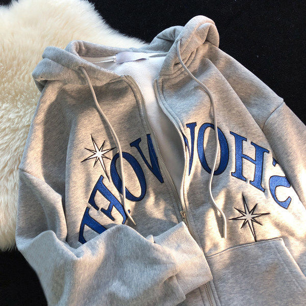 

Women's Hoodies Sweatshirts American Retro Letter Embroidery Sweater Women Autumn and Winter Loose Plus Velvet Thickened Hooded Jacket Cardigan Trend 221206, Cream
