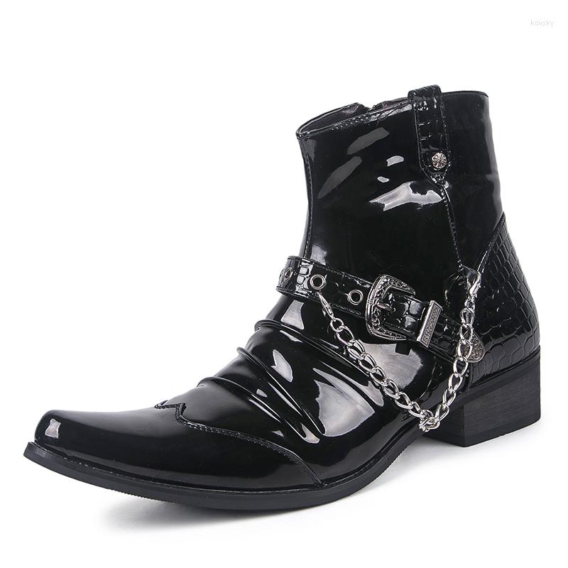 

Boots Korean Style Men's Luxury Fashion Punk Motorcycle Patent Leather Shoes Pointed Toe Oxfords Shoe Black Ankle Bota Masculina