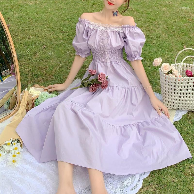 

Casual Dresses Purple Vintage Elegant Midi Dress Women Lace Up Off Shoulder Fairy Female 2022 Summer Beach Holiday Princess, Purple dress
