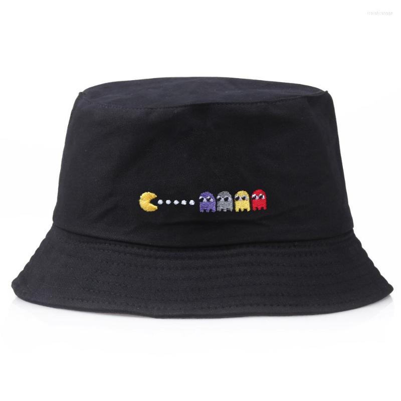 

Berets Korean Anime Cartoon Embroidered Basin Hat Eat Peas Fisherman Sun Protection Men's Trend Wholesale Fishing Bucket, White