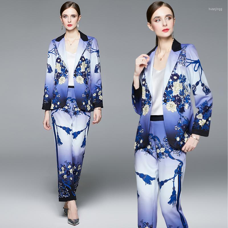 

Women's Two Piece Pants Summer Fall Blue Tie Dye 2pcs Sets Women Temperament Print Notched Collar Long Sleeve Top Coat Slim Pencil Suits, Ldyz6743