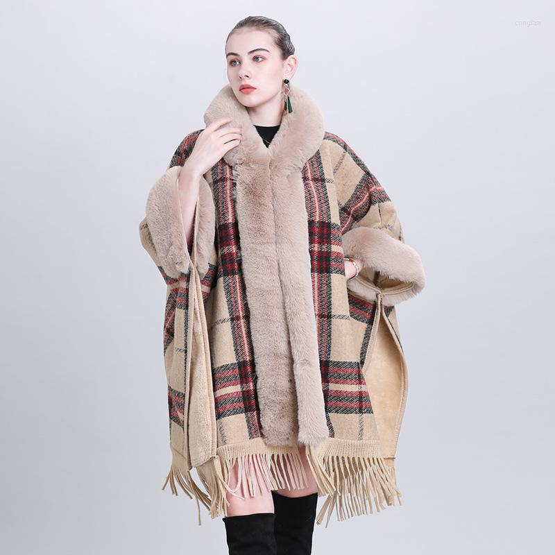 

Women's Fur Coat Collar Plaid Hooded Tassel Cloak Shawl Knitted Cardigan
