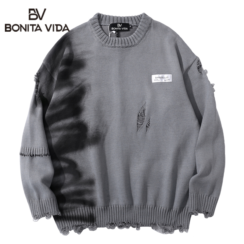 

Men's Sweaters Luxury Graffiti Hip Hop Pullover Hole Oversize Men Fashion Vintage Loose Long Sleeve Harajuku Clothes 221206, Gray