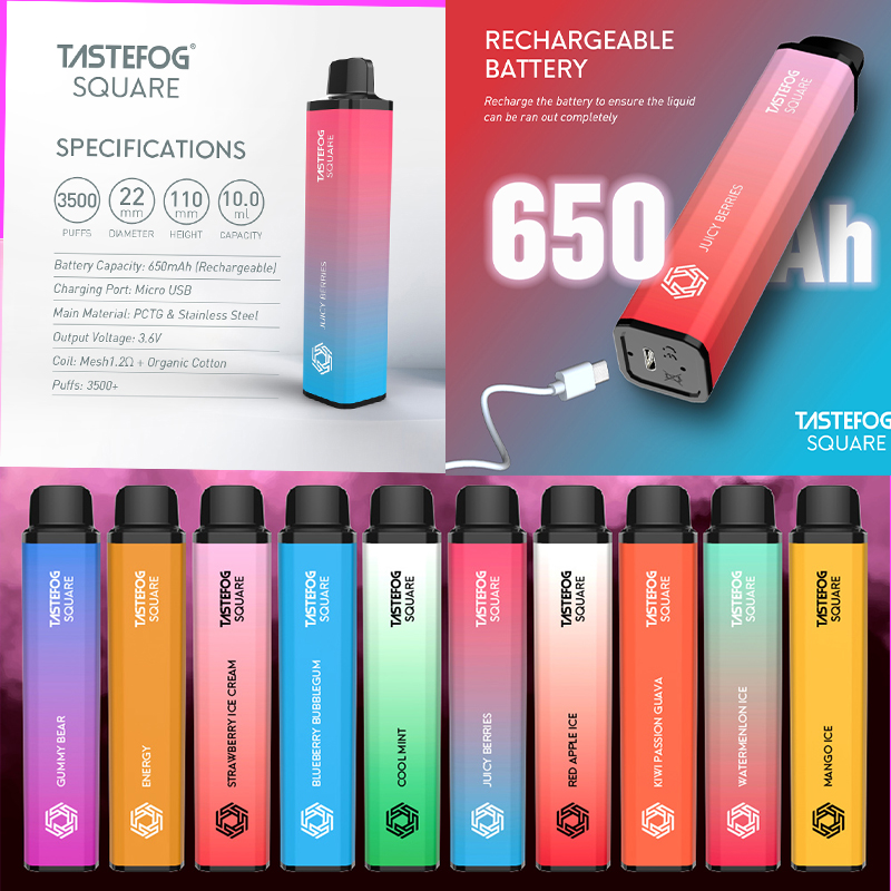 

TASTEFOG SQUARE 3500 PUFFS Disposable E-cigarettes Pod Device Kit E-cigarettes 650mAh Battery 20mg 10mL Prefilled Cartridge Vape Stick Pen PUFF 3500 10 colors