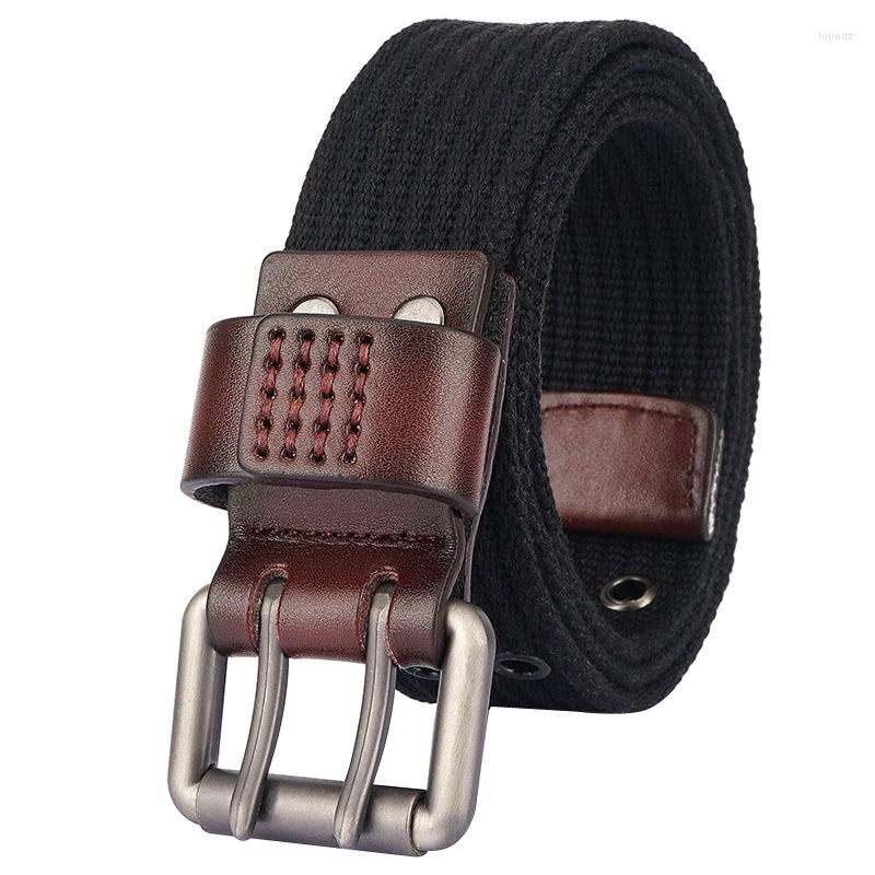 

Belts Trend Double Pin Buckle Belt Quality Alloy Men Casual And Women Thicken Canvas Jeans, Black