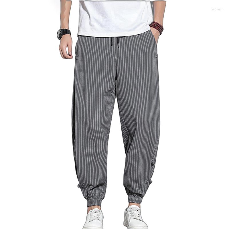 

Men's Pants 2022 Autumn Striped Stylish Cotton Linen Pencil Elastic Leg Mens Loose Streetwear Casual Elegant Trousers, Black