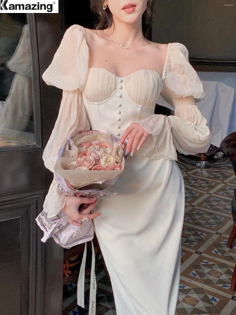 

Party Dresses 2022 Summer Autumn Women Fashion Elegant Puff-Sleeve Midi Corset Evening Prom Female Lady Clothes Vestdios, Beige