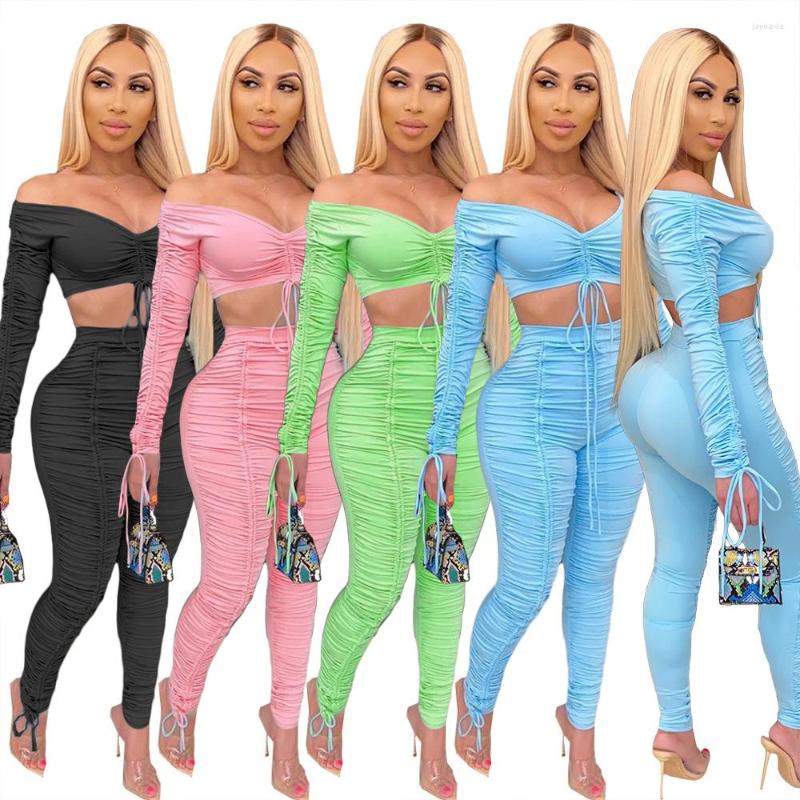 

Women' Two Piece Pants Sexy Stacked Joggers Women Set Slash Neck Crop Top Long Summe Clothes For, Blue