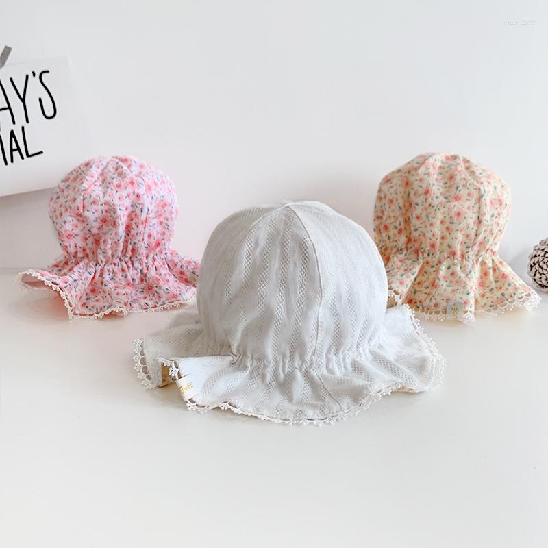 

Berets Spring Summer Soft Baby Bucket Hat Double Sided Floral And Solid Color Girl Outdoor Sun Cap Toddler Kids Lace Panama, White