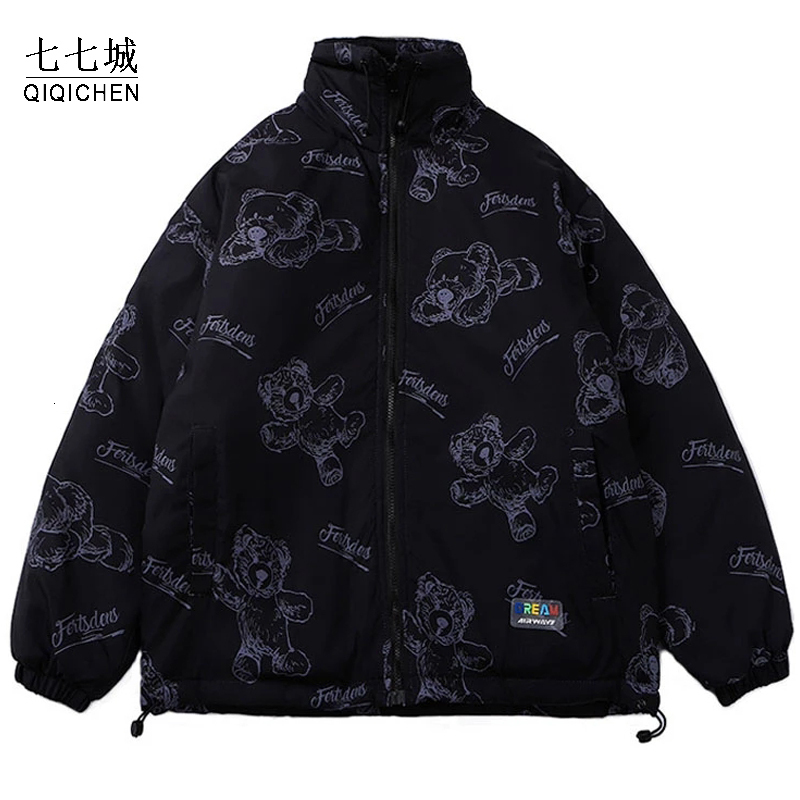 

Men s Down Parkas Winter Thicken Men Streetwear Cartoon Bear Print Hip Hop Cotton Jacket Warm Windbreaker Casual Oversized Coat 221206, Pink