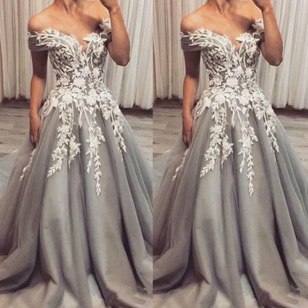 

2023 Silver Beach Wedding Dresses Bridal Gown Tulle Off the Shoulder Lace Applique A Line Sweep Train Plus Size Custom Made Garden vestido de novia, Champagne