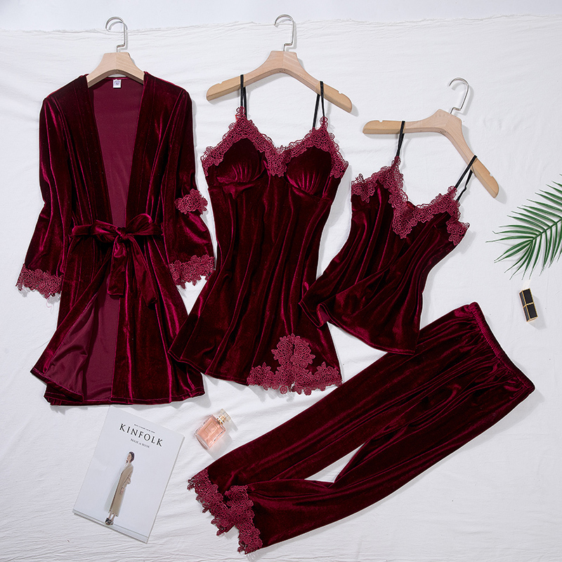 

Womens Sleepwear Burgundy Velour Pajama Suit Women 4PCS Kimono Robe Nightgown Set Lady Winter Velvet Warm Lace Folwer Bathrobe Gown 221206, Navy blue