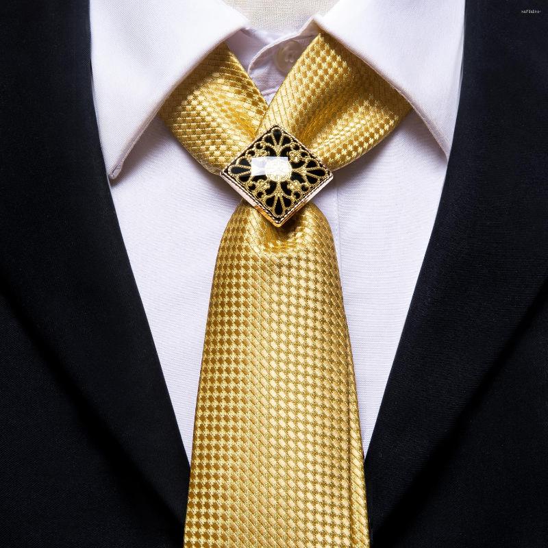 

Bow Ties Hi-Tie Yellow Gold Plaid Men's Tie Set Silk For Men Ring Fashion Design Hanky Cufflinks Wedding Quality Necktie
