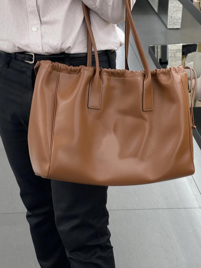 

10A mirror quality CC shopping bag drawstring shoulderbag women fashion soft Genuine leather tote bags lady Large capacity handbags purse messenger bag size 44cm, Brown
