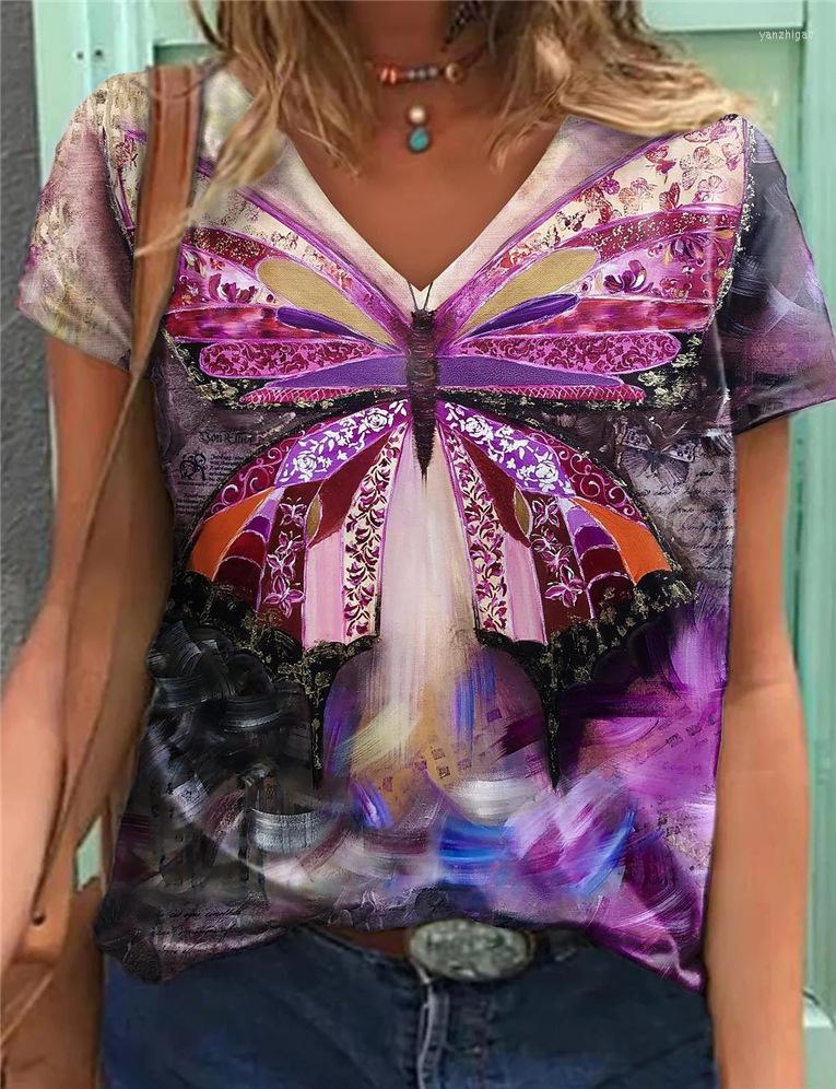 

Women' T Shirts V Neck Fashion Casual Tee Loose Short Sleeve Pullovers Women Butterfly Top Printed 2022 Summer Graphic OversizeT Shirt, Beige