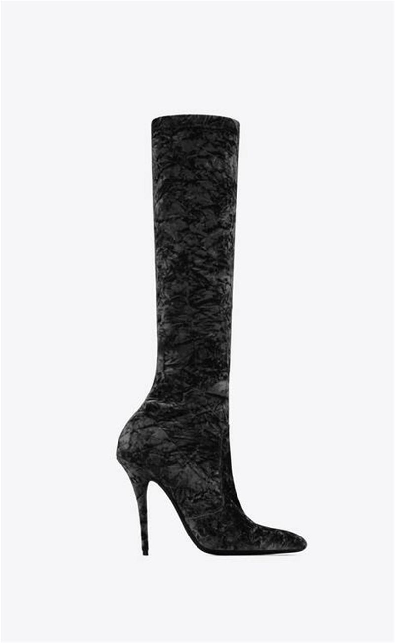 

Fashion Paris Talia Boots In Velvet Noir Stiletto Heel Shoes Almond Toe New Season, Black