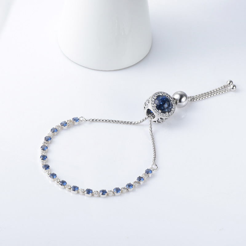 

925 Sterling Silver Blue Sparkling Strand Adjusted Bracelet with Blue Shinning Crystals Radiant Heart Charm for Women Fits Pandora