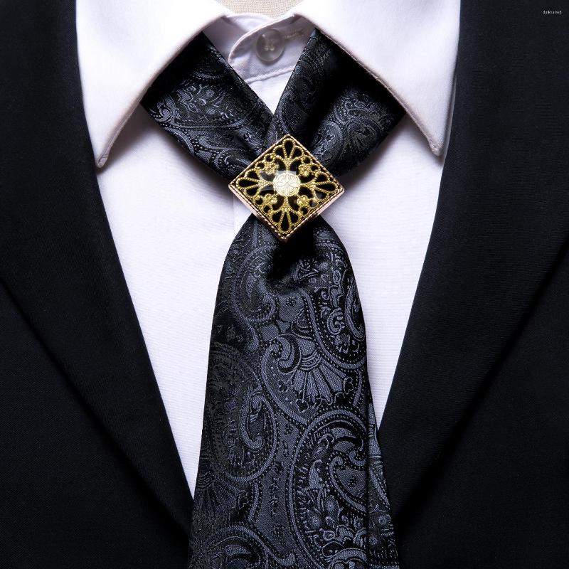 

Bow Ties Hi-Tie Gold Tie Ring Black Paisley Men's Set Silk For Men Fashion Design Hanky Cufflinks Wedding Quality Necktie