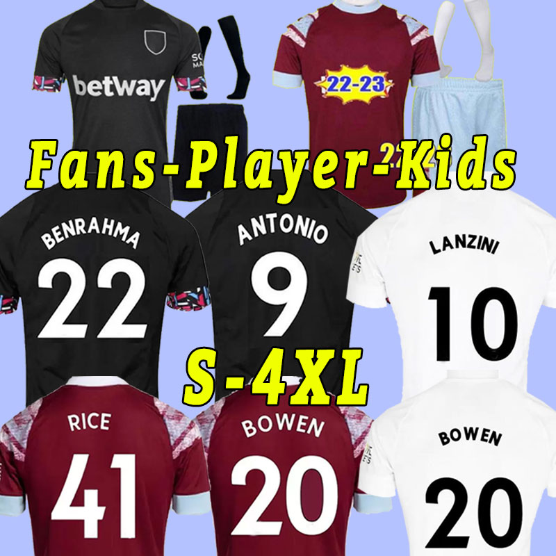

West Hams 22 23 BOWEN RICE soccer jerseys shorts BENRAHMA LANZINI ANTONIO YARMOLENKO NOBLE FORNALS DAWSON SOUCEK 2022 2023 Football Shirt Men Player version MEN KIDS, Home
