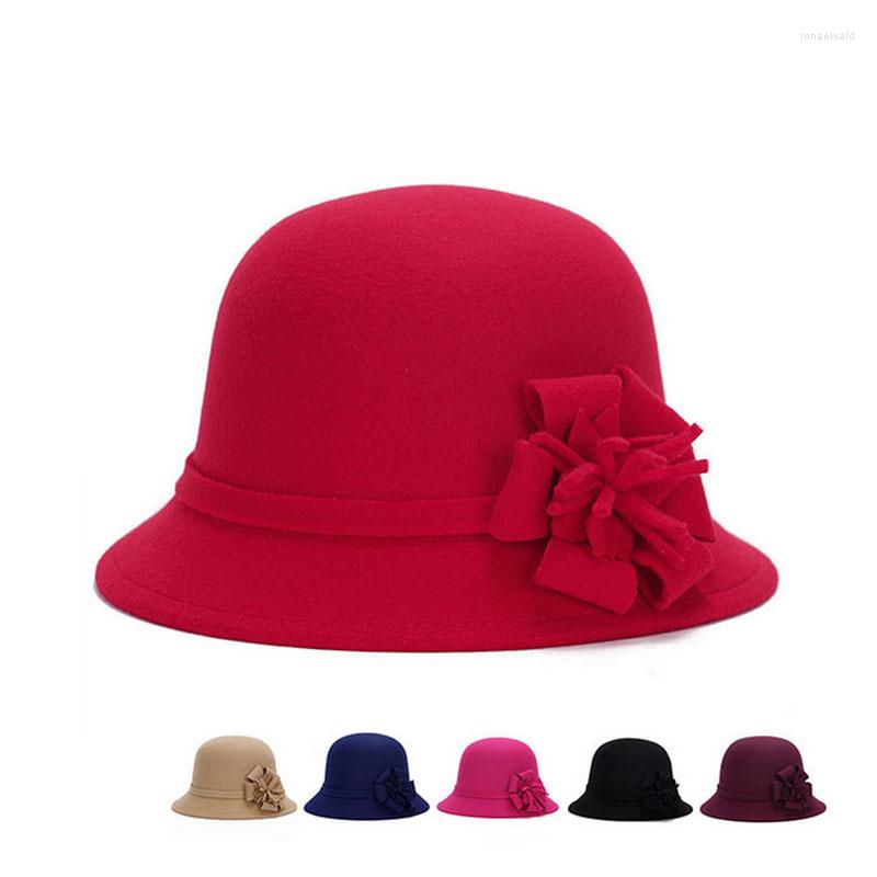 

Berets Ladies Women Vintage Imitation Wool Rose Flower Felt Fedora Hat Autumn Winter Cloche Bucket Cap Dome 6 Color