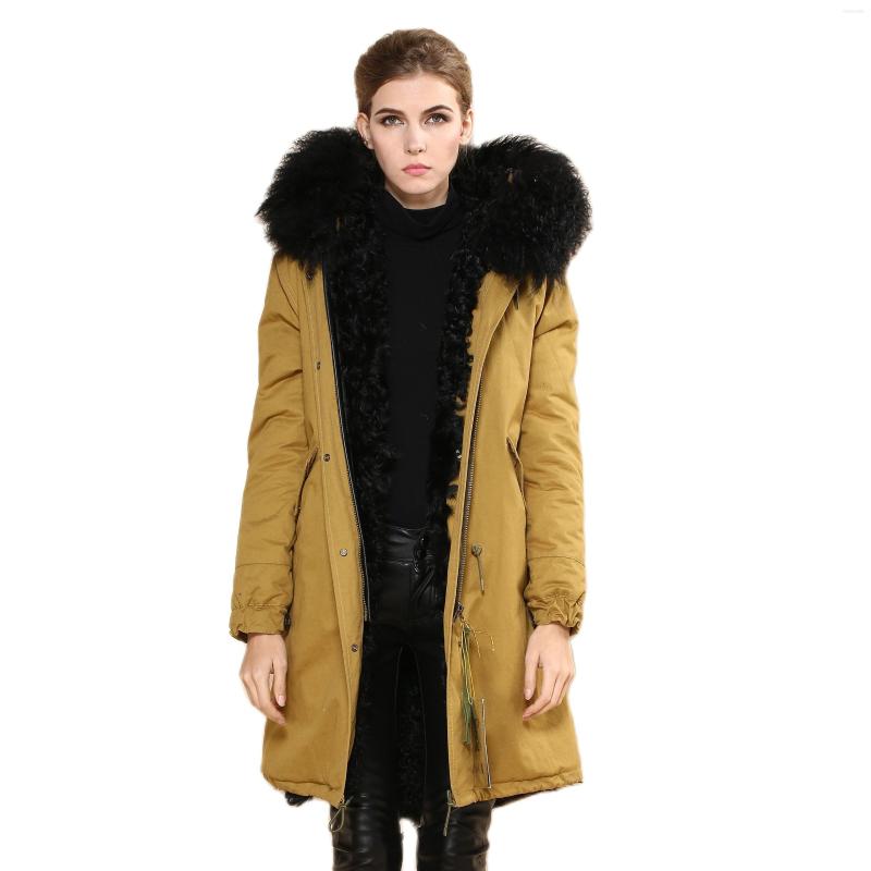 

Women's Fur Winter Warm Coat With Large Real Collar Liner Yellow Parka Thicken Jacket Factory Price, Ginger