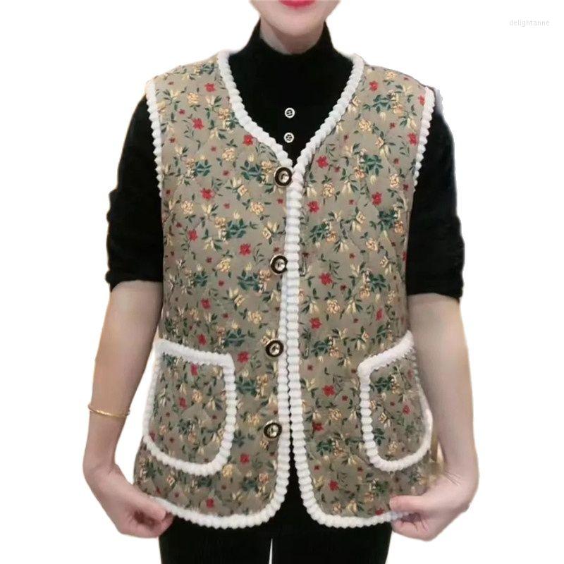 

Women's Vests Middle-Aged Elderly Women's Sleeveless Fall/Winter Leisure Loose Add Velvet Warm Vest Cotton Jacket Waistcoat., Flower 1