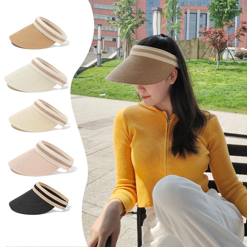 

Wide Brim Hats Fashion Women Empty Top Sun Hat Ladies Summer Outdoor Beach UV Protection Big Female Handmade Straw Visor Caps, Bd beige