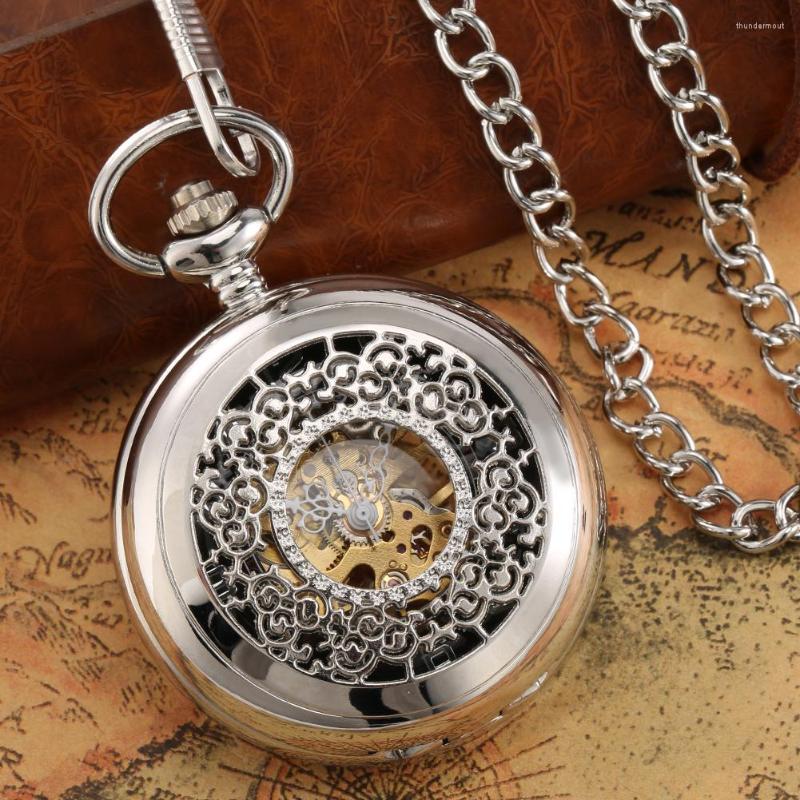 

Pocket Watches Silver Watch Exquisite Hollow Carved Flip Cover Manual Mechanical Small Clock Black Digital Dial Retro Punk