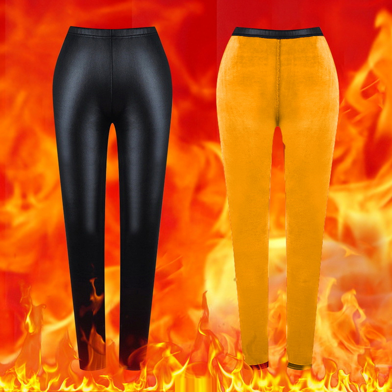 

QNPQYX Winter Warm Pu Leggings Women Leather Pantalones High Waist Thermal Tights Stretchy Pants Fleece Lined Black Trousers Jeggings