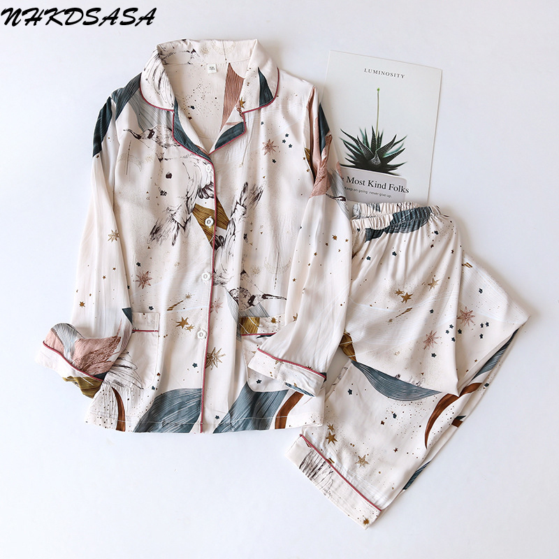 

Womens Sleepwear TwoPiece Home Suit For Spring And Aummer Thin LongSleeved Viscose Cotton Pants Pajamas Women Summer Pyjamas Set 221206, 21 home suit