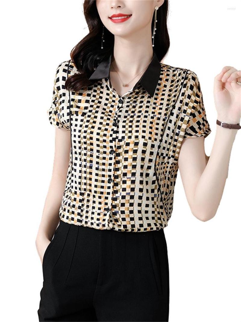 

Women's Blouses Women Spring Summer Shirts Lady Fashion Casual Half Sleeve Turn-down Collar Lattice Printing Blusas Tops CT0548, Yellow