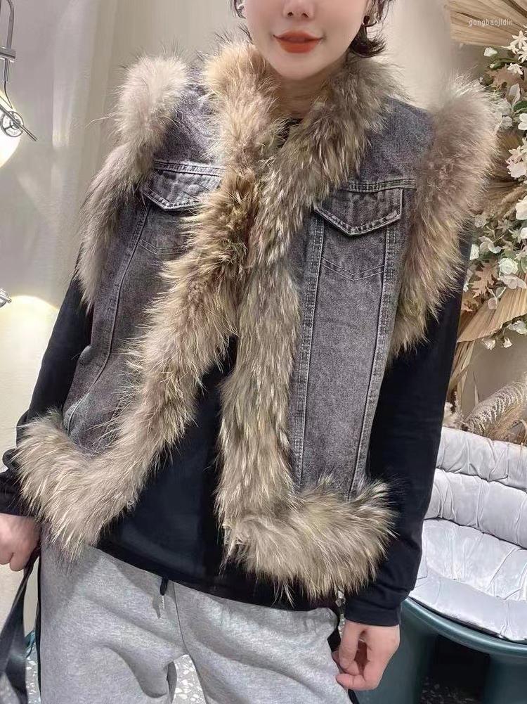 

Women's Vests Women's Hair Furry Denim Vest Winter Chic Sleeveless Hairy Outwear, Blue